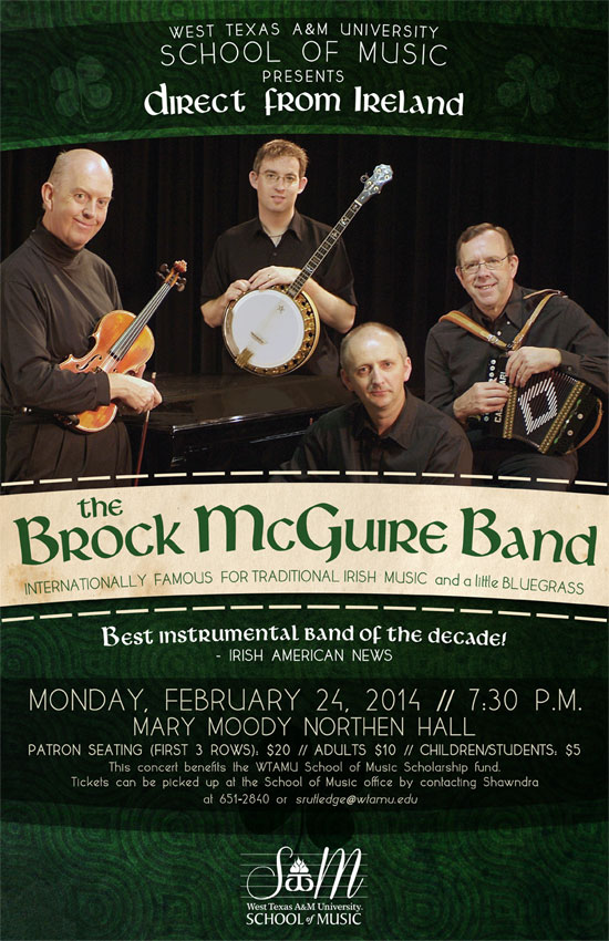 Poster for Brock Mcguire Band concert on Feb. 24 at WTAMU